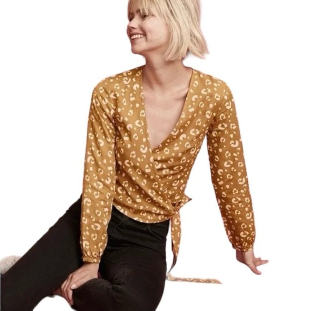 Marine Layer Blouse Women’s Size Large Yellow Gold Leopard Print Wrap V-Neck Top